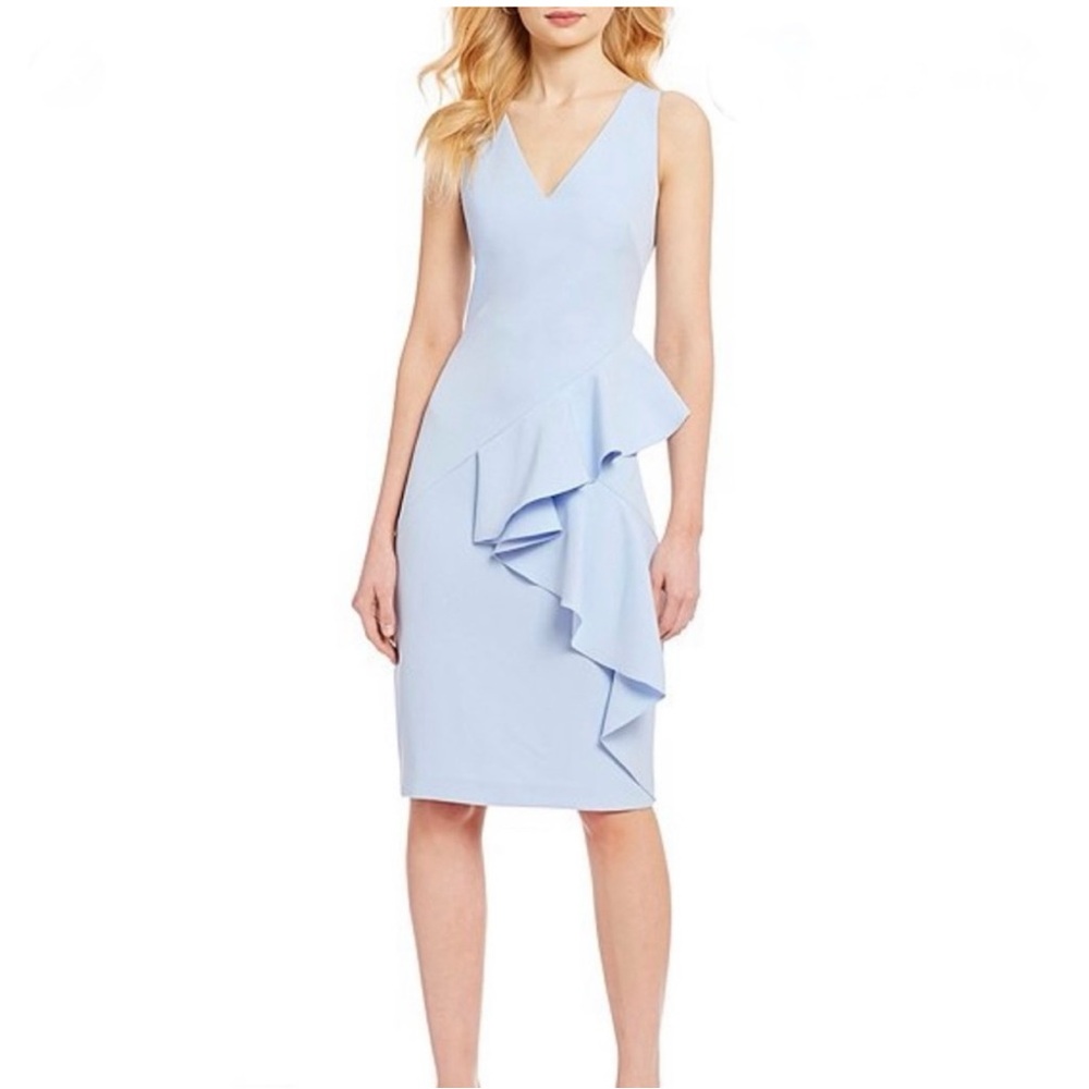 NWT Eliza J V-Neck Light Blue Ruffle Sheath Summer Event Dress Women's‎ Size 4